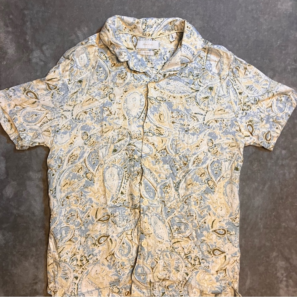 Porter &Ash Linen Blend Paisley Short Sleeve Shirt Button M Casual Preppy Luxe